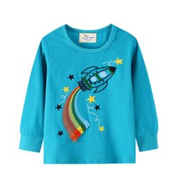 Jumping meters Arrival Boys Girls Rockets Embroidery Long Sleeve T shirts Cotton Baby Clothes Autumn Spring Tops Tees 210529