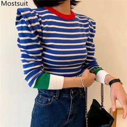 Korean Striped Color-blocked Knitted Sweaters Pullovers Autumn Winter Long Sleeve O-neck Tops Casual Fashion Ladies Jumpers 211018