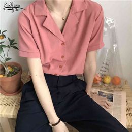 Retro Shirt for Women Simple Solid Summer Blouse Fashion Short Sleeve V Neck Office Lady White Tops Blusas Femininas 10166 210427