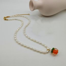 Pendant Necklaces Simple Persimmon Ruyi Small Fresh Water Pearl Necklace Female Sweet Coloured Glass Clavicle Chain