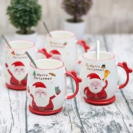 Christmas Gift Cartoon Cups Santa Claus Printed Lid Spoon Creative Lovely Porcelain Cups Office Cute Fashion Coffee Cups Mugs byseaLLE11750
