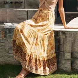 Bohemia Yellow Floral Print Long Skirt Gypsy Women Stitching Pleated Lacing up Stream Waist Maxi length Skirts Boho Holiday 210429