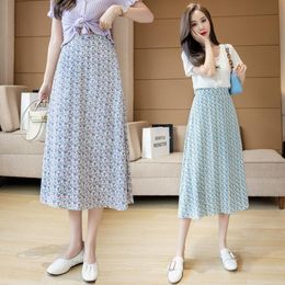 Summer Women Floral Print Chiffon Midi Elastic High Waist Casual Skirt 210515