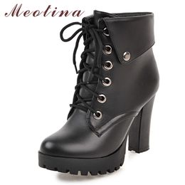 Women Boots Winter Ankle PU Leather Thick Heel Short Lace Up Super High Shoes Female Big Size 34-43 210517