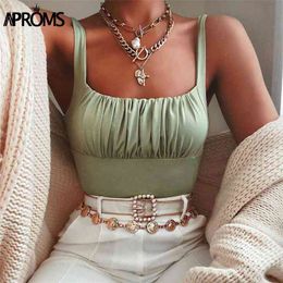 Aproms Vintage Green White Ruched Tank Tops Women Summer Short Camis 90s Cool Girls Streetwear Sexy Strench Crop Top Tees 210401