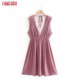 Tangada Summer Fashion Women Pink Summer Dress Deep V Neck Backless Sleeveless Lady Pleated Dresses Vestido XN273 210609