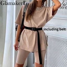 Glamaker Summer Casual Two Piece Set Top and Pants Women Sets Short Sleeve Fashion Loose Outfits Shorts Suit Female Co Ord 210412