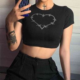Heart Diamond Pattern Y2K Crop Tops Women's T-Shirts Hit Summer Kawaii Red Aesthetic O-Neck Short Sleeve Black Tee Shirt 210510