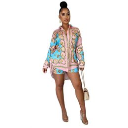 2020 Women Sets Summer Africa Print Tracksuits Shirts+Shorts Suit Two Piece Set Night Club Party 2 Pcs Sexy Street Outfits GL129 X0428