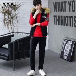 Mens Sportswear Fashion Sports Suit Autumn Winter Warm Casual Pullover Sweatshirt Hooded Vest Pants Three Piece Set Men's Tracksuits