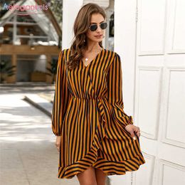 Aelegantmis Sexy V Neck Striped Summer Dress Women Loose Long Sleeve Short High Waist Slim Ladies es Robe Ruffles 210607