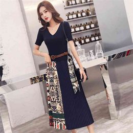 Summer Women's Knitting Long Dress High Waist Elegant Fashion Sweater Short Sleeve Pleated es Robe Femme 210514