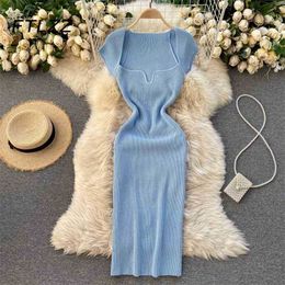 Sexy Bodycon Dress for Woman Fashion Short Sleeve V Neck Knitted Dresses Ladies Vintage Prarty Robe Vestidos Mujer 210525
