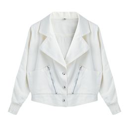 Women White Solid Denim Short Jacket Turn Down Collar Button Single Breasted Pocket Zipper Notched C0050 210514