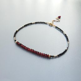 Lii Ji Genuine Red Garnet Black Spinel Hematite Sparkling US 9K GF Delicate Anklets For Women Girl Children Jewellery