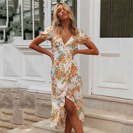 Bohemian summer floral dress women print boho maxi long ruffle es v neck button vintage beach casual 210427