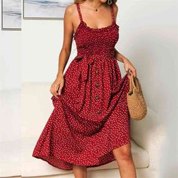 Women's Lace Ruffles Dot Prints midi red Dress Summer Bohemian A-Line Print Sleeveless Button elegant vintage dress women 210331