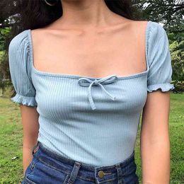 Summer T Shirt Women Tops Kawaii Bow Tie Deep Square Collar Rib T-Shirt with Puff Sleeve Tshirt Vintage White Crop Top 210521