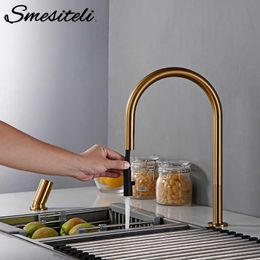 sink sprayers UK - Smesiteli Faucet Invisible Pull Out Sprayer Head Double Hole Single Handle And Cold Solid Brass Kitchen Sink Mixer Tap 210724