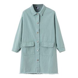 Women Apricot Green Denim Jacket Button Pocket Long Sleeves Turn Down Collar Hole Print Loose Jean Coat C0525 210514