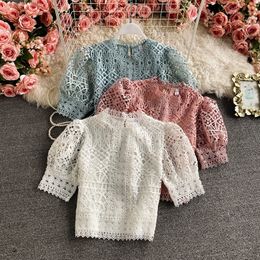 Puff sleeve water-soluble crochet hollow lace shirt short pure color sweet Elegant vintage blouse cropped top women 210420