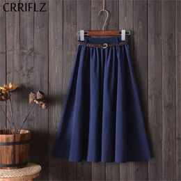 CRRIFLZ Midi Knee Length Summer Skirt Women With Belt Fashion Korean Ladies High Waist Pleated A-line School Skirt Female 210412