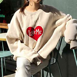 Korean Chic Autumn Winter hoodies Lovers O-Neck Love Letter Printing Loose Fleece Warm Long-Sleeved Pullover Sweatershirt GX1317 210507