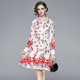 Fashion Designer Luxury plum Blossom Printing Runway Women Summer Long Sleeve Turn Down Collar Hight Waist Vintage Dress 210514