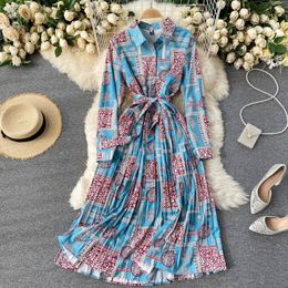 SINGREINY Women Vintage Print Long Dress Spring Autumn Button Turn-down Collar Pleated Dresses Korean Casual A Line Dress 210419