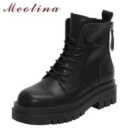 Meotina Motorcycle Boots Women Shoes Real Leather Platform Mid Heel Short Boots Lace Up Zip Block Heels Ankle Boots Lady Black 210608