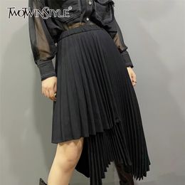 Asymmetrical Pleated Skirt For Women High Waist Irregular Hem Black Skirts Female Fashion Clothing 210521