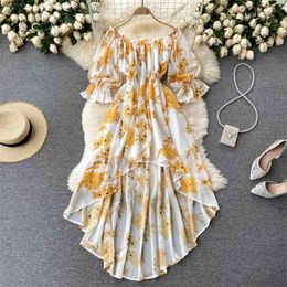 Europe Style Summer Women Flare Short Sleeve Floral Fashion High Waist Irregular Dress Female Vacation Party Dresses 210428