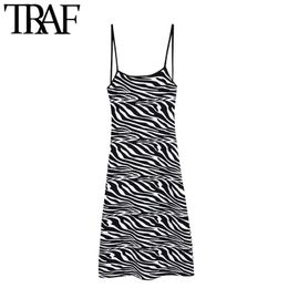 TRAF Women Chic Fashion Jacquard Animal Knitted Midi Dress Vintage Backless With Tied Thin Straps Female Dresses Mujer 210415