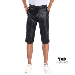 Men's Shorts Summer Mens Casual Trend Stretch Leather Loose Man Punk Hip Hop Streetwear Five-point Pants Male Thin Black Six