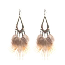 Bohemian Summer Dangle Earrings For Women Ethnic Jewelry Drop-shaped Rice Bead Long Brown Feather Earring Danglers