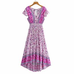 Sexy Backless Floral Print Long Dress Women V Neck Elastic Waist A-line Holiday Boho Ladies Summer Short Sleeve Vestido 210514