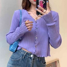 V-Neck Knitted Casual Ruched Short Sweaters Cardigans Lady Knitting Soft Thin Autumn Cardigan Sweater Jumper Outwear 210415