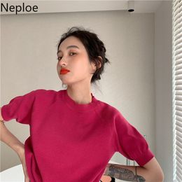 Neploe Knit Sweater Tops Mujer Korean Summer Slim Short Puff Sleeve Shirt Women Casual Fashion Simple O Neck Female Tshirts 210422