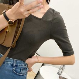 Korean Women's Fashion Spring Modal Solid T-shirt Square Collar Casual Pullover Tops Female 210607