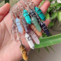 Silver Colour Copper Wire Wrap Natural Stone Pendulum Pendant Reiki Healing Crystal Necklace Hexagonal Bullet Amethyst Pink Quartz Chakras Pendulo Jewellery