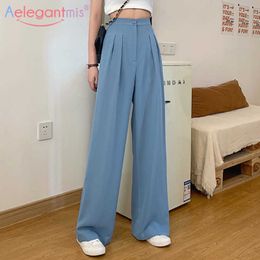 Aelegantmis Women Solid Colour Loose Wide Leg Pants Office Lady High Waist Suit Female Long Casual Trousers 210607