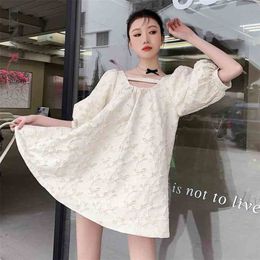 Women Round Neck Short Puff Sleeve Dress A-line Large Size Fit Female Cute Summer Clothing 2H082 210526