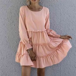 Autumn Women's Solid Color long Sleeve Loose O Neck Ruffle Dress A-Line Vintage mini dress elegant women vestidos 210508