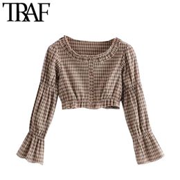 Women Sweet Fashion With Ruffle Trim Cheque Cropped Blouse Vintage Long Sleeve Button-up Female Shirts Chic Tops 210507