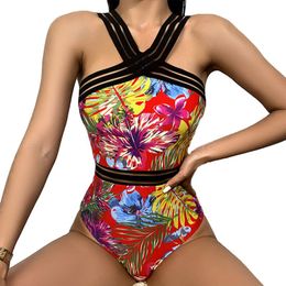 Women One Piece Swimsuit High Neck Plunge Mesh Ruched Monokini Swimwear Sexy Print Bathing Suits Women's