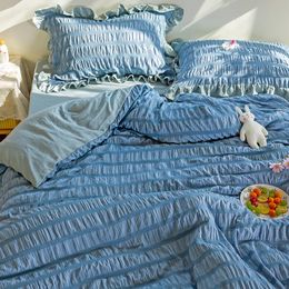 Simple Solid Binding Bedding Set White Blue Queen King Size Duvet Cover Bed Quilt CoverBedclothes For Home