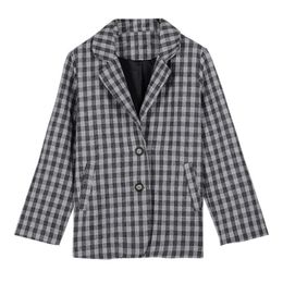 Black Plaid Notch Collar Long Sleeve Button Pocket Loose Office Lady Casual England Blazer C0109 210514