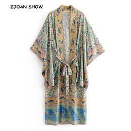 Women Bohemian V neck Pteris Flower Print Kimono Shirt Holiday Beach Bow tie Sashes Maxi Long Cardigan Blouse Tops 210429