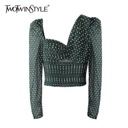 Hollow Out Slim Shirt For Women Skew Collar Long Sleeve Print Dot Korean Blouse Female Fashion Clothing Spring 210524