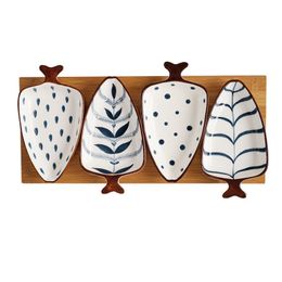 Ceramic Leaf Shape Appetizer Plates With Bamboo Tray Set of 4 Blue & White Japanese Seasoning Bowls Snacks Nuts Serving Platter Sushi Dishes